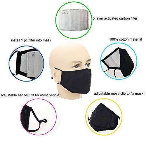Cotton Mask for Face Black Set Anti Dust Large Unisex Face Washable Mouth with Filters Organic Design Pack Korean Sports Running N95/99 Filters Cycling Outdoor Activated Carbon Pollution Pollen Dust