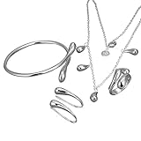 MANDI HOME Fashion 925 Silver Plated Jewelry Set Big Hand Chain Bracelet Necklace Ring Stud Earings Eardrop Water Drops