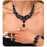 fxmimior Sparkly Black Rhinestone Necklace Dangle Earrings Bracelet Set Crystal Flower Brides Bridesmaid Wedding Halloween Costume Choker Necklace Earrings Bracelet Set Accessories for Women