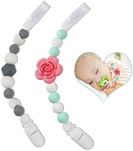 Cleycye Pacifier Clip – Teething BPA Free Bead Silicone Pacifier Clip Boy/Girl/Baby - with Binky Holder Universal Strap/Holder/Leash for Mom, Soothies, Teether Toys, Drool Bibs, 2pack