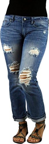 MACHINE JEANS Destroyed Distressed Ripped Cropped Medium Wash Denim Jeans - Waist 1