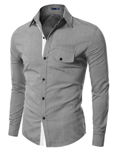 Doublju Mens Dress Shirt with Chest Flap GRAY (US-M)