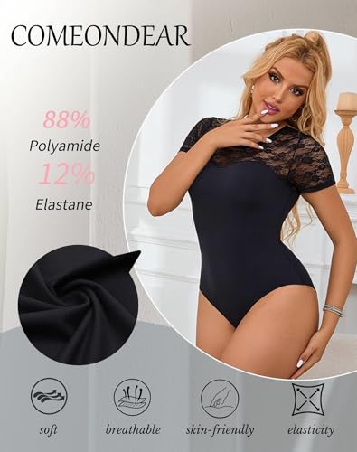 comeondear Bodysuit Women's Dress Short Sleeve Bodysuit Lace Bodycon Plus Size 45-90 kg Sexy Bodies Party Elegant Elastic Lingerie Leotard Tops Transparent Lingerie Clubwear Jumpsuit S-XXL