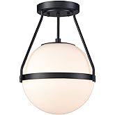 HOLKIRT Mid Century Semi Flush Mount Ceiling Light Black Globe Ceiling Light Modern Light Fixture with White Opal Glass Shade