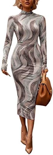 pujingge Womens Digital Print Pencil Long Midi Bodycon High Neck Long Sleeves Dress