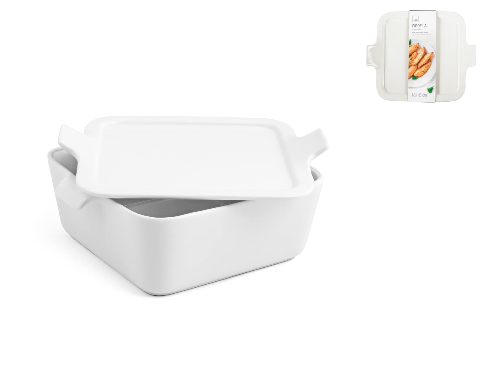 H&H 731976 Square Dish with Lid 18 x 7 cm Porcelain White