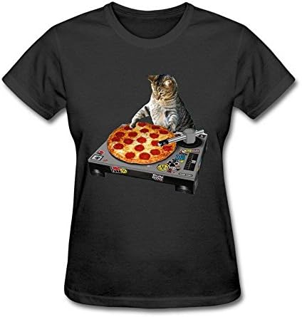 Cats Love Pizza Funny Art Portrait Black T-Shirt for Women by iDesign Art