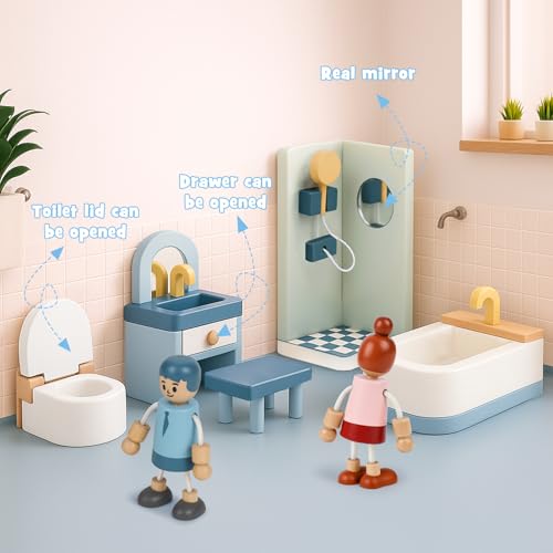 Wooden Dollhouse Furniture Set, 32 Pcs Doll House Accessories and Furniture, Miniature Furniture Including 5 Room Kits, Pretend Play Toy Gift for Boys Girls Toddler 3+