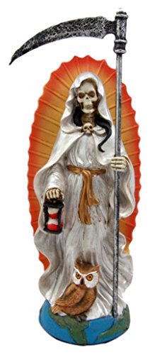 Atlantic Collectibles 7.25" Tall Holy Death Santa Muerte Holding Scythe In Tunic Robe Day of The Dead Decorative Figurine (White)