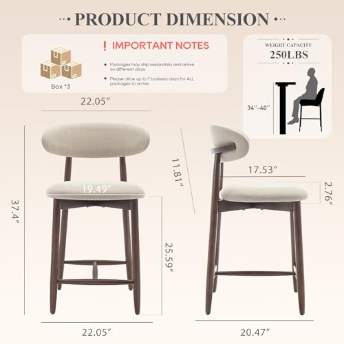 COLAMY Counter Height Bar Stools Set of 6, Kitchen Bar Stools with Back, Mid Century Modern Upholstered, with Wood Legs for Kitchen Island Dining Room, Beige