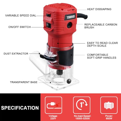 TEENO Electric Hand Palm Router, Trimmer Laminate Wood Working Joiners Tool, Compact Router with Trimmer Base, 1/4(6.35mm)