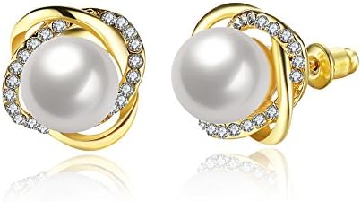 iBeautys Fashion Jewelry 18K Golden Plated and White Peal and Zirconia Stud Earring for Women Girls(rhodium-plated-bronze) (gold)