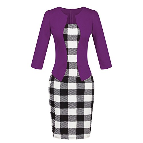 Birdfly Office Women's Plaid Patchwork Pencil Skirts Formal Working Dress with Three Quarter Sleeve.Plus Size 2L 3L (S, Purple(92))