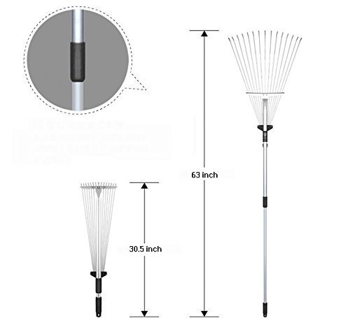 Rake 65 Inch Adjustable Garden Leaf Rake Expanding Rake Expandable Head From 7.5 Inch to 25 Inch