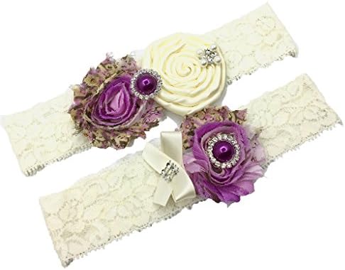 Wedding Lace Garter Set With Peacock Inspired Plum Pearl(Gift Box)