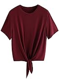 ROMWE Women's Short Sleeve Tie Front Knot Casual Loose Fit Tee T-Shirt Burgundy S