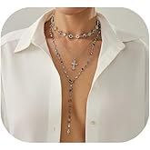 Cusmyre Colorful Rhinestone Choker Necklace,Summer Beach Multi Layered Body Chain Jewelry Long Crystal Y Shape Cross Pendant Clavicle Chain Necklace for Women