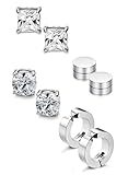 Jstyle 4 Pairs Stainless Steel Stud Earrings for Men Women Magnetic Stud Earrings Non-piercing CZ (B: 4 Pairs(8MM White))