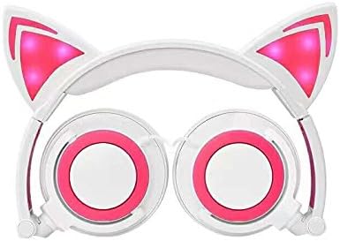 Wired Headphones Over-Ear Foldable Cat Ear Earphones with LED Light For Girls,Children.Compatible for Mp3 Mp4 player,iPhone 6S,Android Phone. (whitepink)