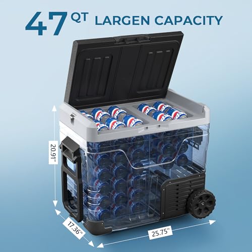EUHOMY 12 Volt Refrigerator, 47QT(45L) Dual Zone Electric Cooler, Portable Freezer 12V/24V DC 110-240V AC, 12V Fridge -4℉~68℉, 12V Cooler with Wheels & Basket for Travel, Truck, Boat, Camping