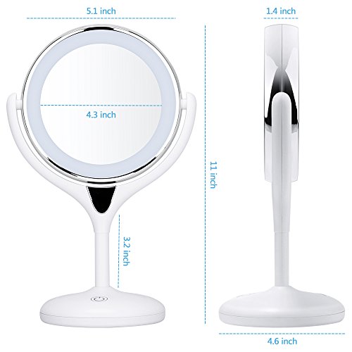 KEDSUM 1X/10X Double Sided Lighted Makeup Mirror, 360 Degree Swivel Tabletop Vanity Mirror,Cosmetic Regular/Magnifying Mirror with Lights, Dimmable Touch Button,Dual Power Supply