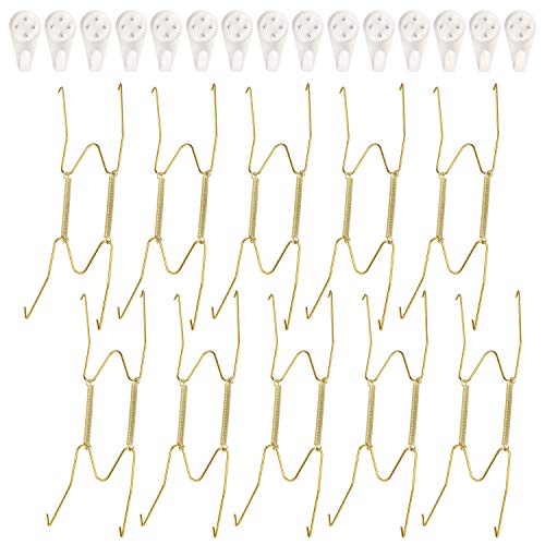 SelfTek 10 Pcs 8 Inch Stainless Steel Golden Wall Plate Hangers and 15 Pcs Wall Hooks Decorative Dish Display
