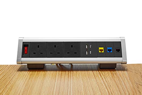 Removable Triangle Desktop Socket, gadgetpark Table Outlet with 3 UK Power, 2 USB Charger,3 CAT6 Port and 1 Power Switch, for Hotel/Office/Home(Silver)