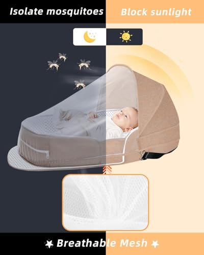 Baby Travel Cot with Mosquito Net and Awning, Foldable Baby Tent, Washable Crib Bionic Travel Bed Breathable Cradle Cot, Portable Baby Cot, Foldable Baby Cot with Mosquito Net (Brown)