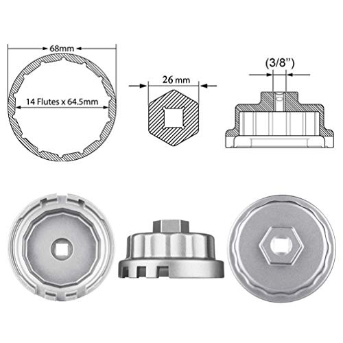 Heavy Duty Oil Filter Wrench+Oil Drain Plug Gasket for Toyota, Lexus , RAV4, Camry, Tundra, Highlander, Sienna and More - Oil Filter Cap Removal Tool for 2.5L to 5.7L Engines with 64mm Cap ( Silver )