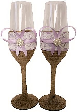 ☆ Wedding Champagne Glasses Bride Groom Flutes Tosting Rustic Country Barn Burlap Lace Bridal Shower Gift (Lavender)