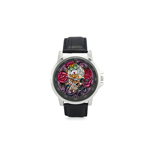 Special Design Beautiful Floral Sugar Skull Custom Unisex Stainless Steel Leather Strap Watch Metal Case, Tempered Glass, Black Leather Band