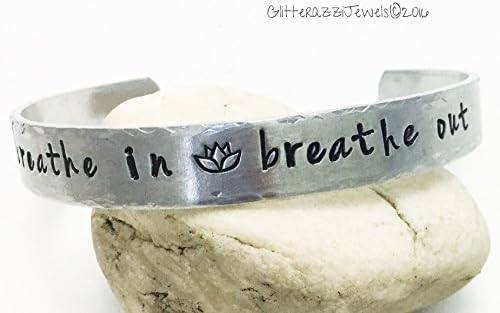 Cuff Bracelet. Mantra Bracelet. Handstamped, Breathe In Breathe Out. Lotus stamp.