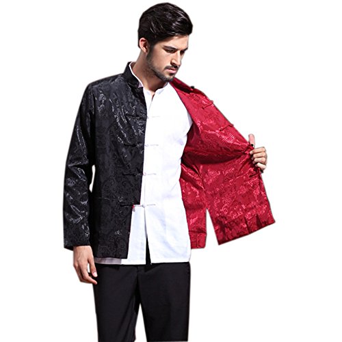 Mens Chinese Kung Fu Long Sleeve Silk Tang Jacket Double Sided Red Black - Image 3