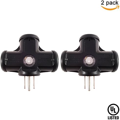 Uninex PS46 T-Shape 3-Outlet Adapter, Outdoor, Heavy Duty, UL Listed, Black, 2-Pack