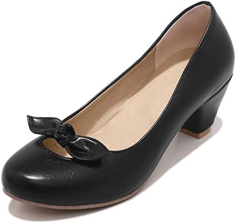 SFNLD Women's Sweet Bowknot Round Toe Low Cut Mid Block Heels Slip On Pumps Shoes