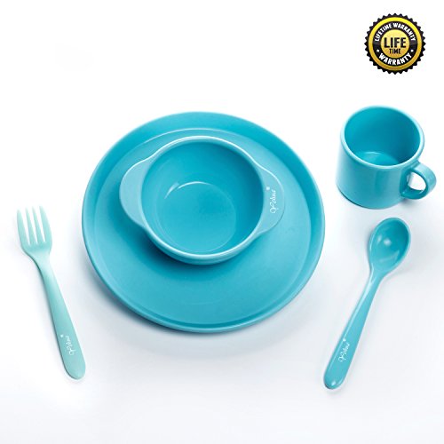 Childrens Dinnerware Set 5 Pieces, Yehua Baby, Toddler, Kids Tableware Set - Spoon, Fork, Cup, Plate, Bowl - FDA/BPA Free Certified Silicone, Unbreakable, Best Gifts With Child 1-13 Years Old - Blue