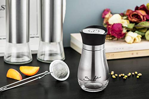 Salt and Pepper shakers Set with Tray, Stainless Steel with Glass Bottle (Set of 2)