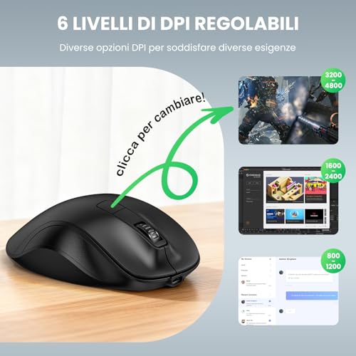 TECKNET Ergonomic Bluetooth Mouse, Rechargeable Wireless Mouse with 3 Devices (2*Bluetooth+USB), Ergonomic Thumb Rest, 4800 DPI, 6 Buttons, Silent USB Mouse for Laptop/PC/Tablet/MacBook