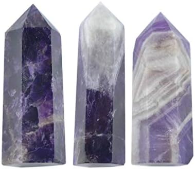 FHNP367 Natural Chevron Amethyst Crystal Point Wands - 2 inch Dream Amethyst Healing Crystal 6 Faceted Prism Reiki Chakra Meditation Obelisk Tower Gift - Set of 3