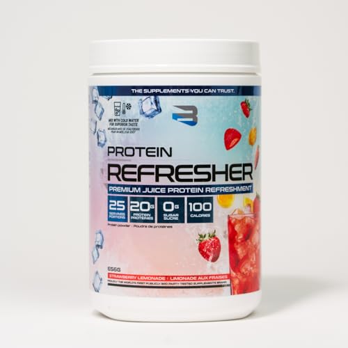 Believe Supplements Protein Refresher (25 servings) - Revolutionary Juice-Type Whey Protein Powder Alternative for Fitness, Bodybuilding, Gym, or for bigger protein intake - Enjoy with Ice or Chilled Water for Superior Taste (25 servings, Strawberry Lemonade)