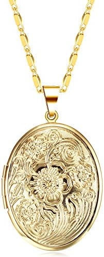 JuJubak Sterling Silver Oval Hand-Engraved Photo Picture Locket Pendant Necklace Platinum/18K Gold Plated Vintage Personalized