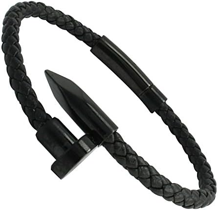 Men's Stainless Steel Magnetic Clasp Leather Black Nail Bracelet