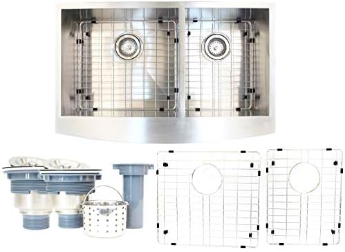 Walter Sinks Farmhouse Apron Stainless Steel 36" x 22" x 10" 16 Gauge 60/40 Double Bowl Farm Sinks Kitchens Undermount Deep, Free Strainer Drain & Grid Protector Dish Tray