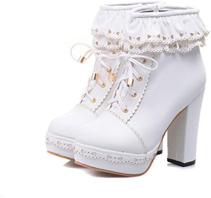 Mostrin Women's Lace Up Platform High Heel Ankle Boots Sweet Lolita Shoes PU Leather Ruffle Booties