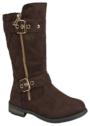 JJF Shoes Kids Girls Mango23 Brown Faux Suede Dual Buckle Zipper Quilted Mid Calf Motorcycle Boots-10