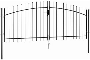 vidaXL Fence Gate Double Door with Spike Top Steel Garden Lawn Barrier Drive Gate Fencing Metal Stockade Courtyard Outdoor Structure 9.8'x4.1' Black