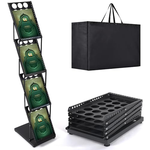 LEPump Literature Catalog Rack, Foldable Magazine Brochure Display Stand, Magazine Floor-Standing with Portable Oxford Bag, for Office Store and Exhibition Trade Show (4 Pockets) (Black)