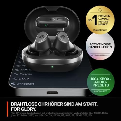 Arctis GameBuds für Xbox – Wireless In Ear Gaming Kopfhörer – 2,4GHz + BT 5.3 – ANC/Transparenzmodus –Wasserbeständig IP55 – 40H Batterie – Drahtloses Laden –Xbox, PS5, PC, Switch 2, Mobil