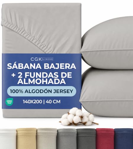 Jersey Fitted Sheet Cotton 140 x 200 cm Light Grey + 2 Pillowcases 80 x 80 cm – Pack of 3 – 100% Cotton – Terry 40 cm / 16 Inches – Soft, Anti-Wrinkle and Hypoallergenic – Oeko-Tex Standard 100