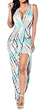 Grace's Secret Women's Sexy Dresses V Neck Sleeveless Tie-Dye Maxi Party Dress,Bluish,Large